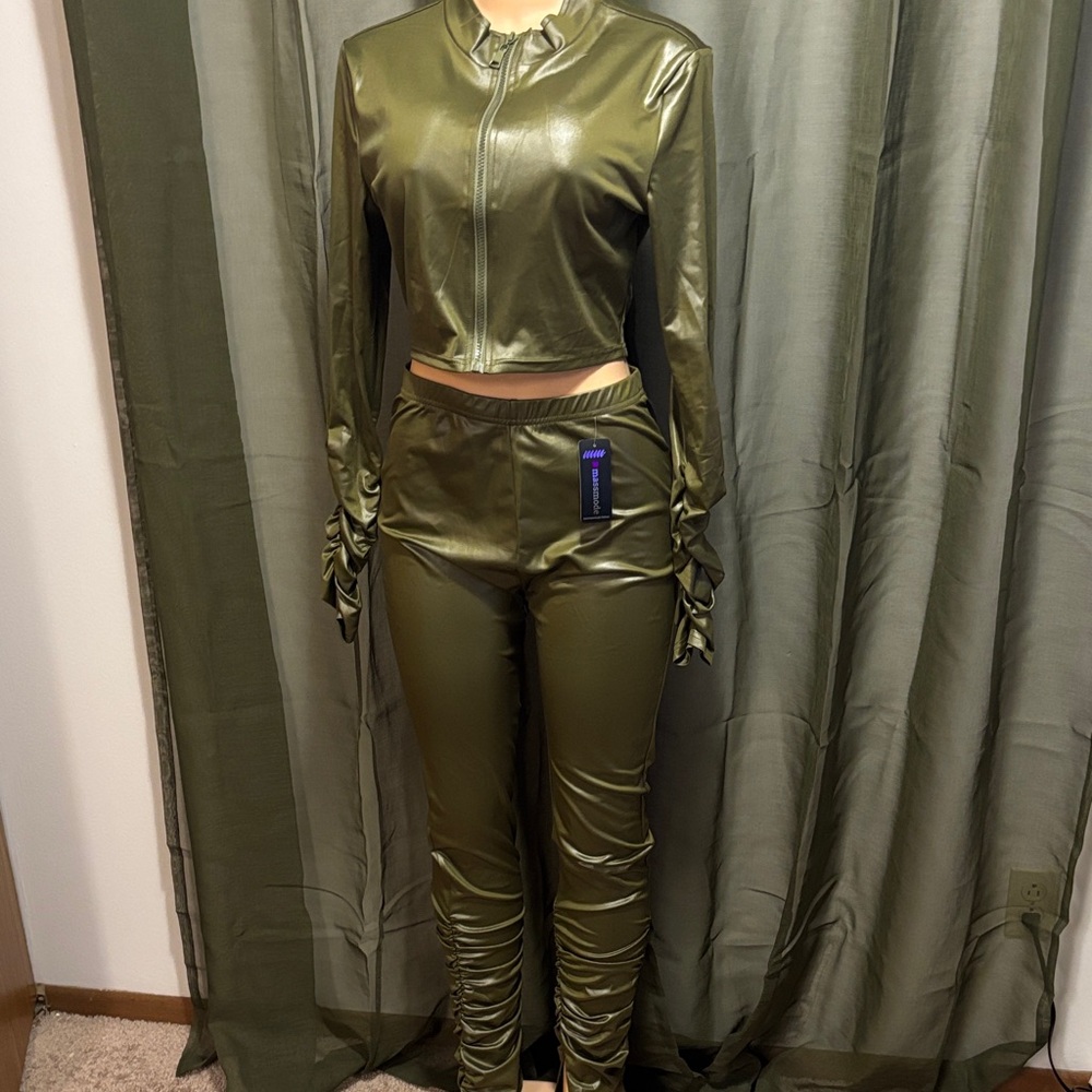 Olive Green Two-Piece Faux Leather Set